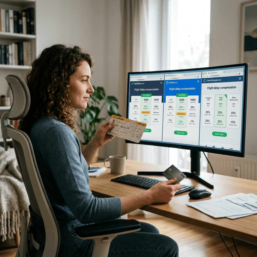 Traveler comparing flight delay compensation options on a computer